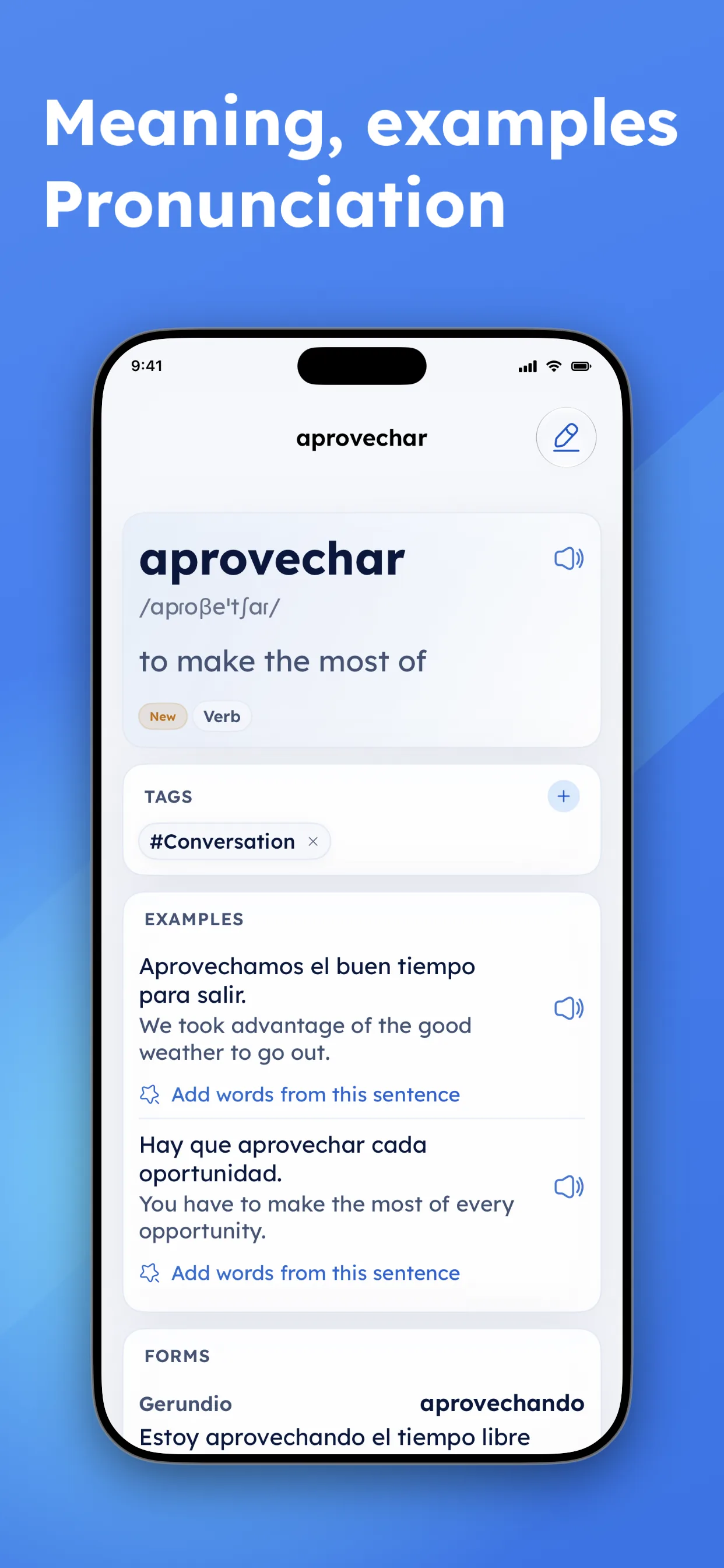 UnLethe word details with meaning, examples, forms, tags, and pronunciation
